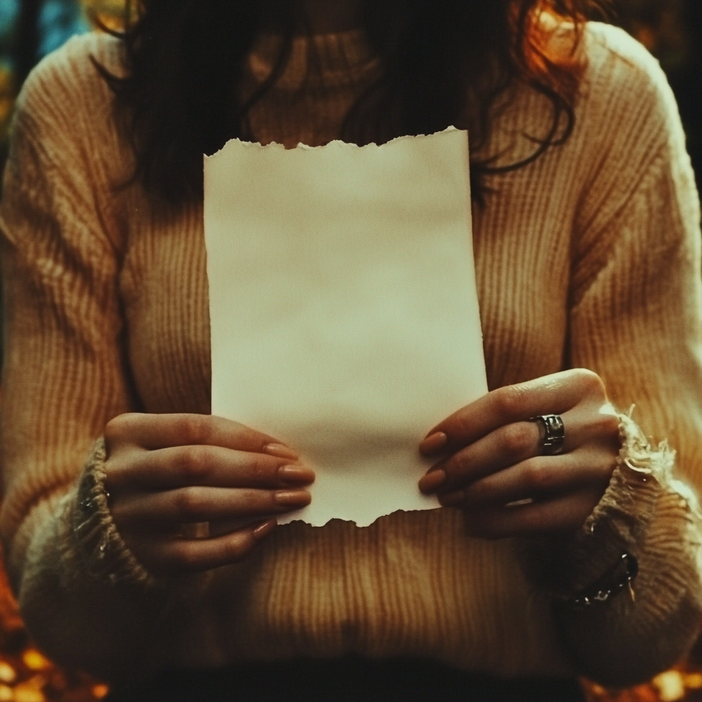 A woman holding a piece of paper | Source: No source