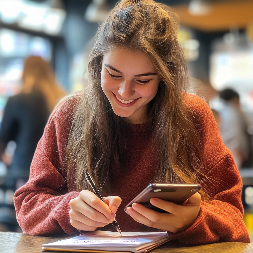 a smiling young woman writing in her journal | Source: No source