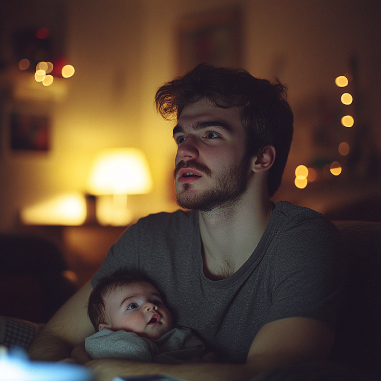 A shocked man holding a baby | Source: no source