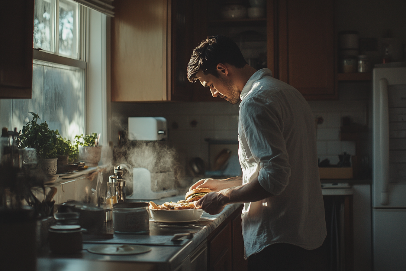 A man in his 30s making a sandwich in a kitchen | Source: No source