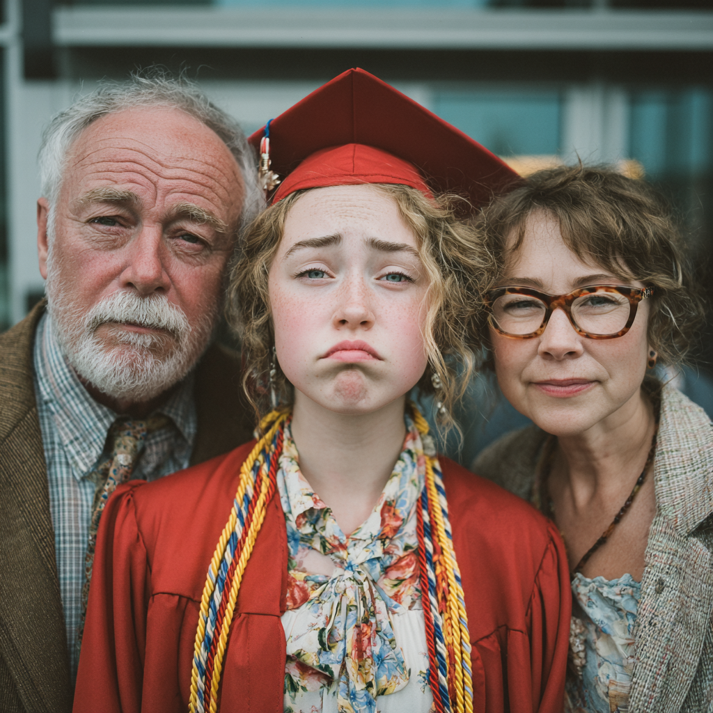 An unhappy graduate posing with a couple | Source: No source