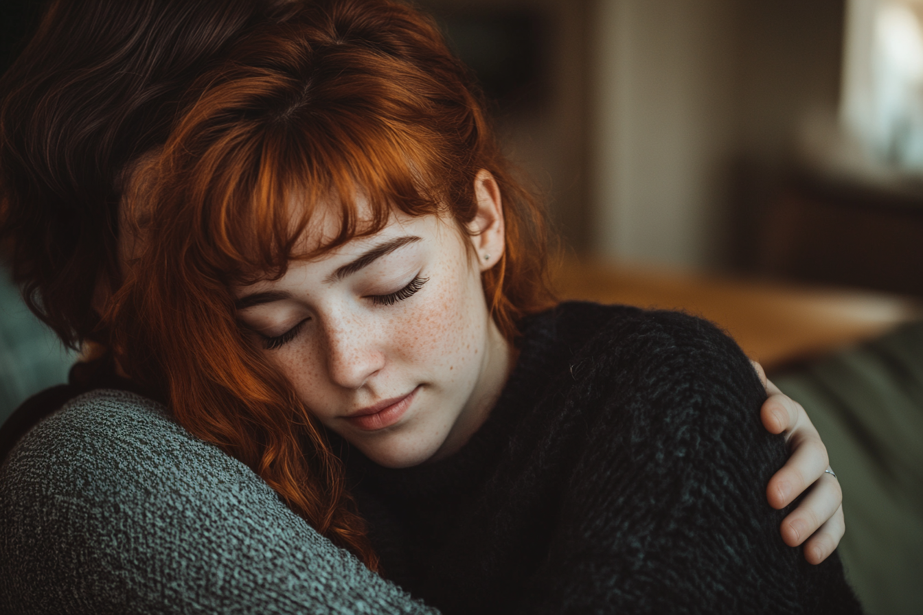 A teenager hugging her mom on a couch | Source: No source