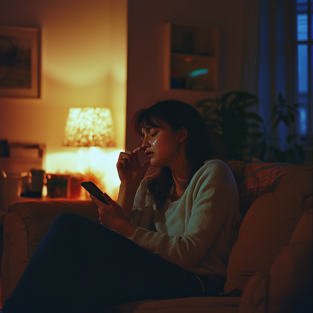 A woman sobbing while talking on her phone in her living room | Source: No source