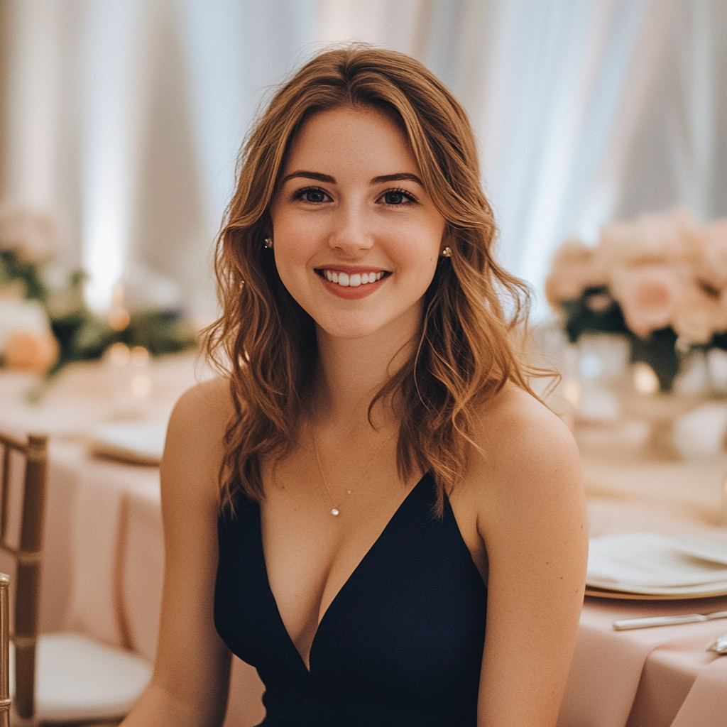 A smiling woman sitting at a wedding reception | Source: No source