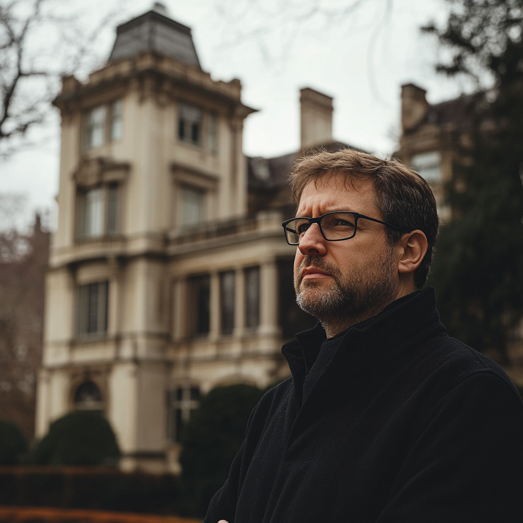 An apologetic man in front of a mansion | Source: no source