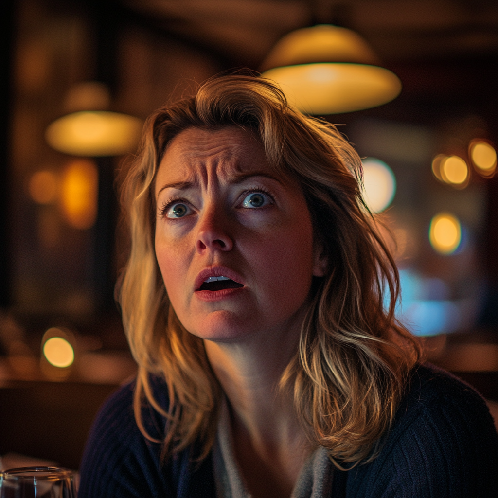A shocked and upset woman in a restaurant | Source: no source