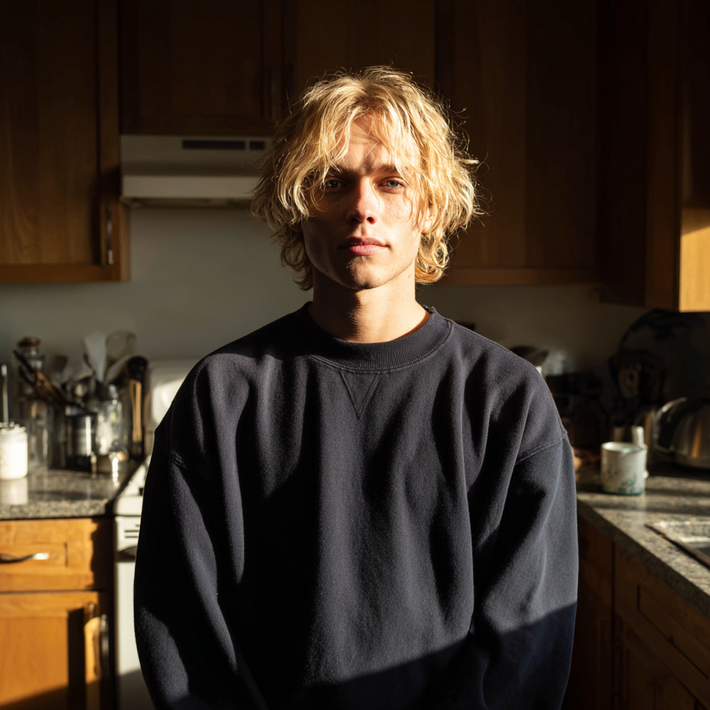 A young man standing in a kitchen wearing a navy sweatshirt | Source: no source