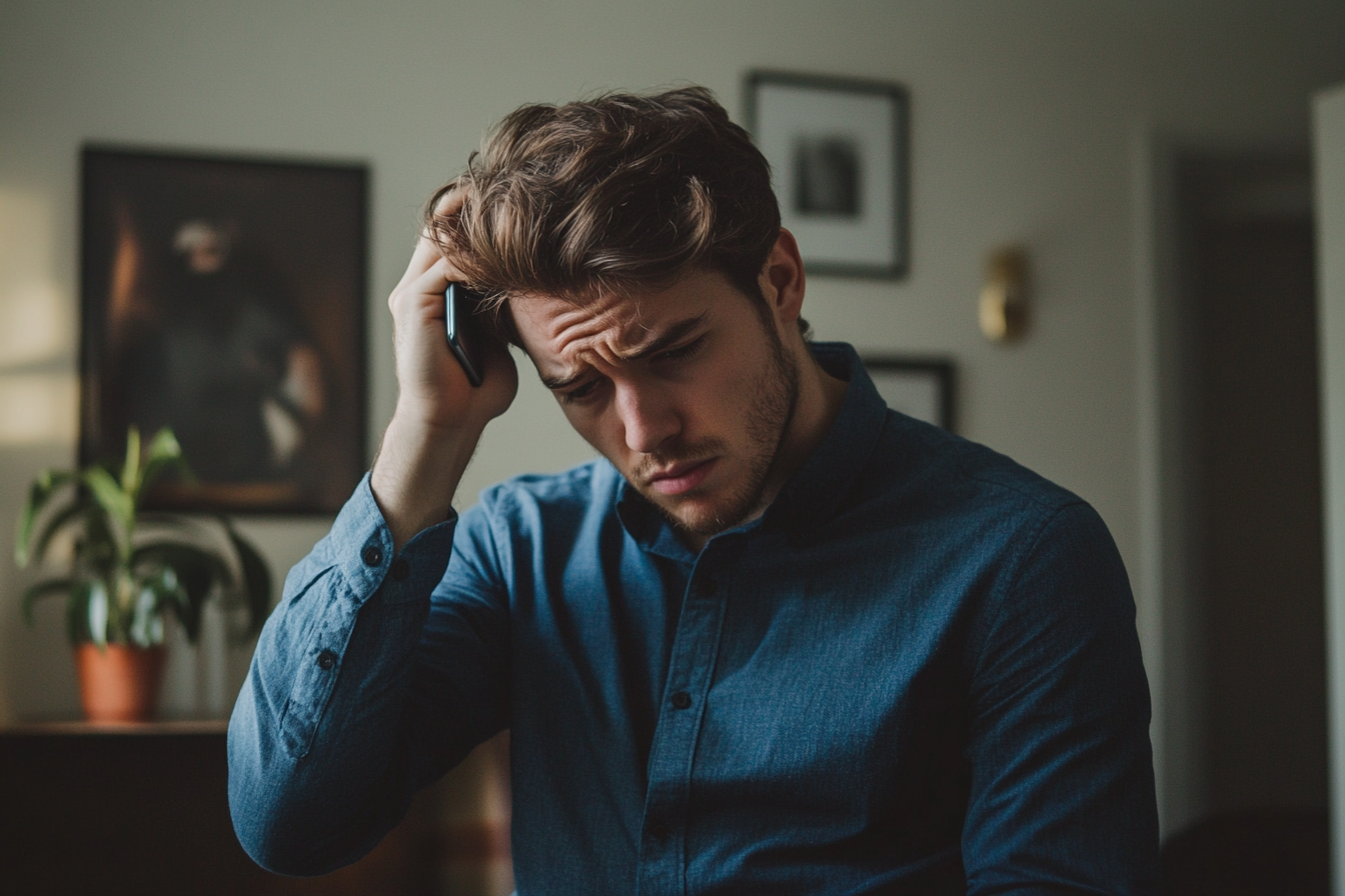 A man holding his phone to his forehead, looking frustrated | Source: No source