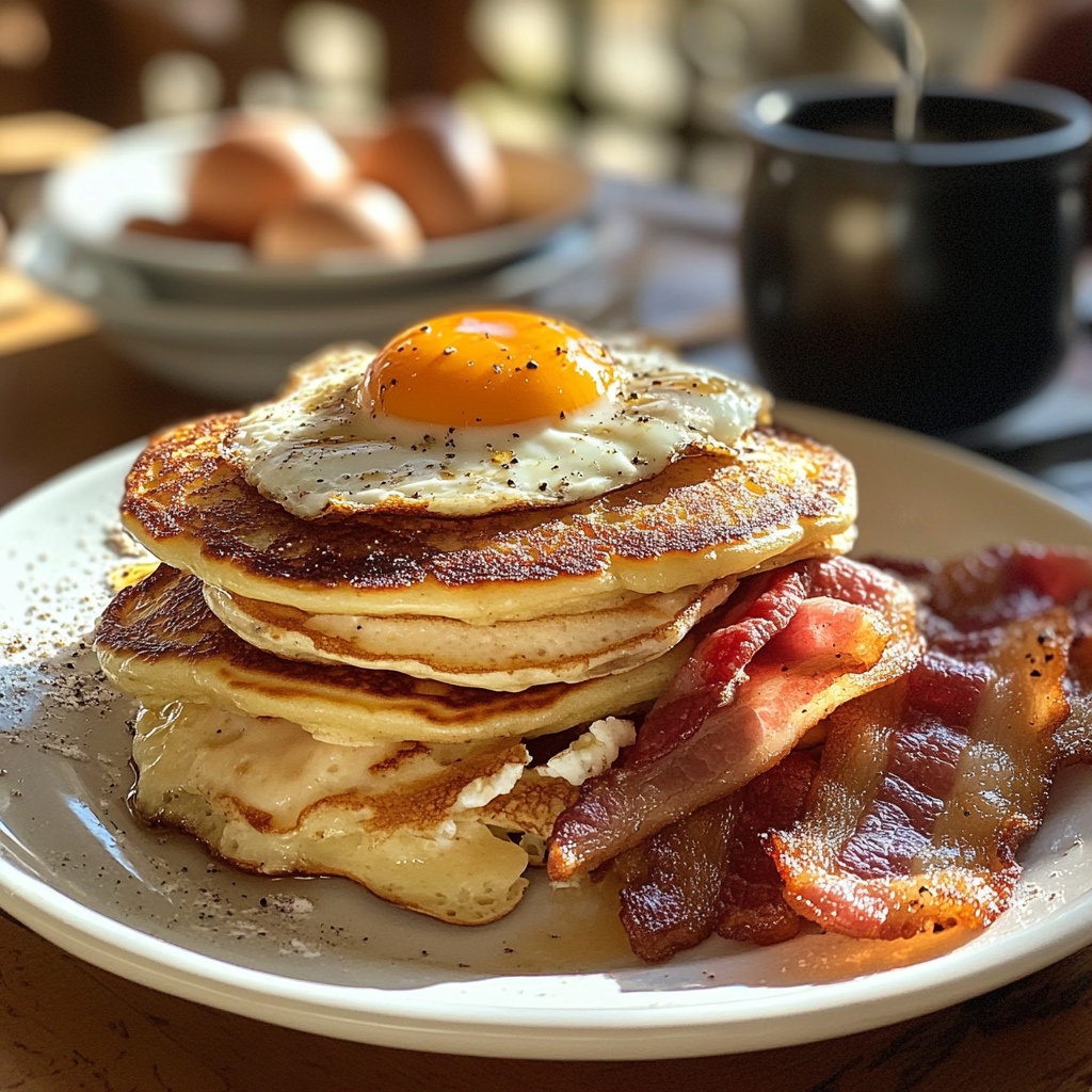 A breakfast stack on a plate | Source: No source