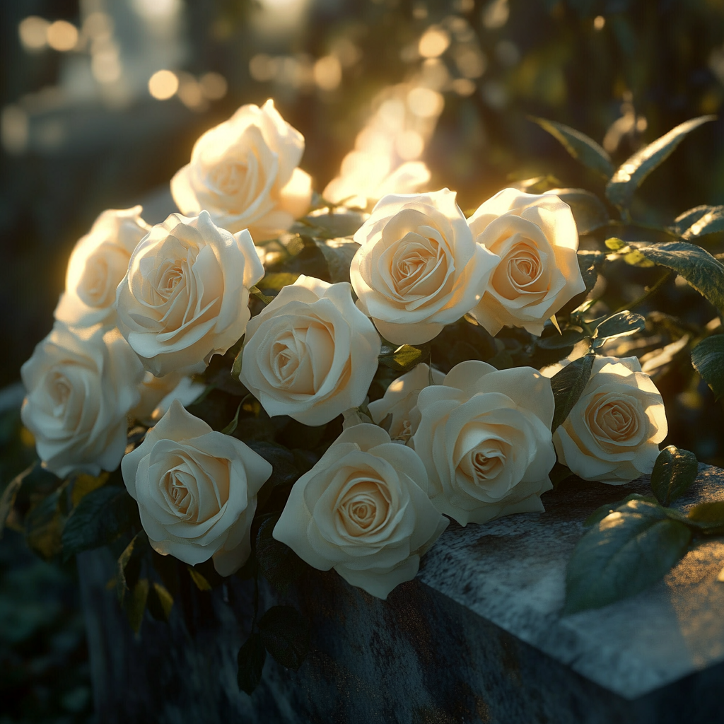 A bouquet of white roses on a gravestone | Source: No source