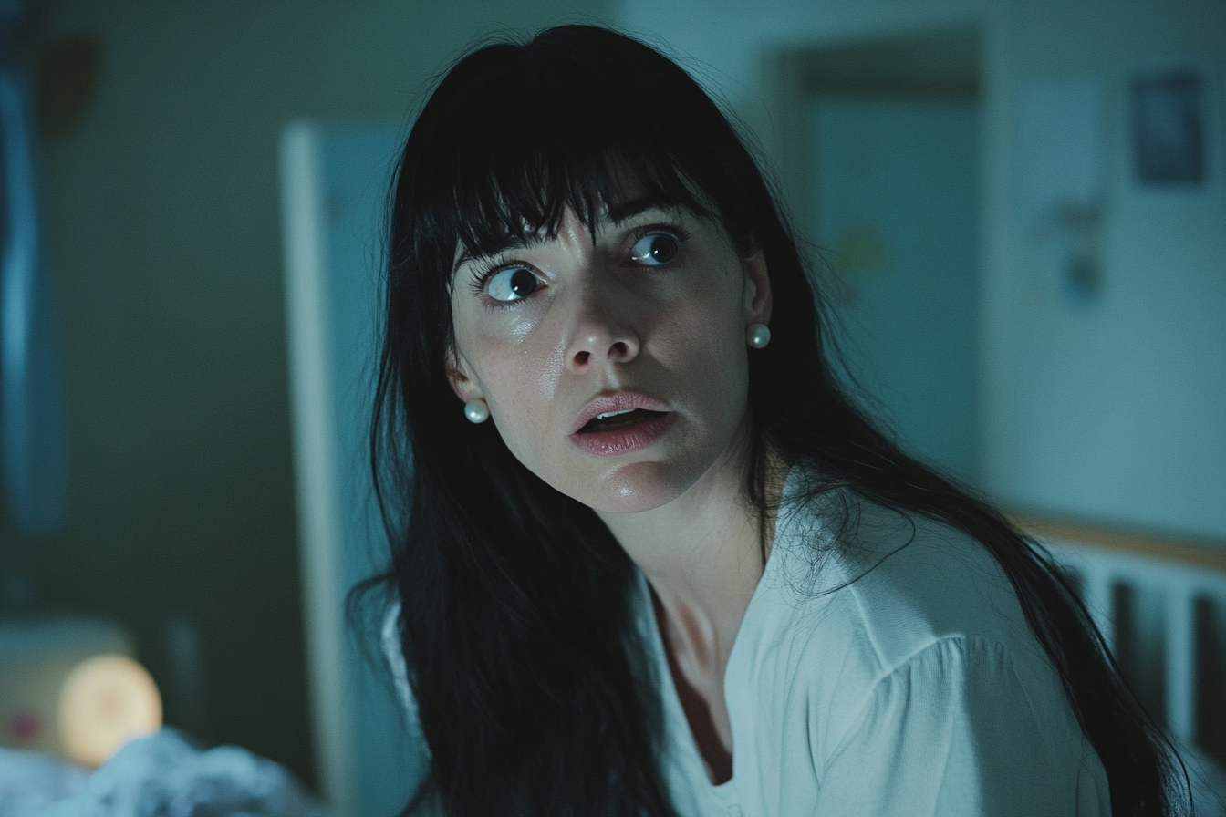 Woman in her late 30s looking scared and sweaty in a child's bedroom | Source: no source