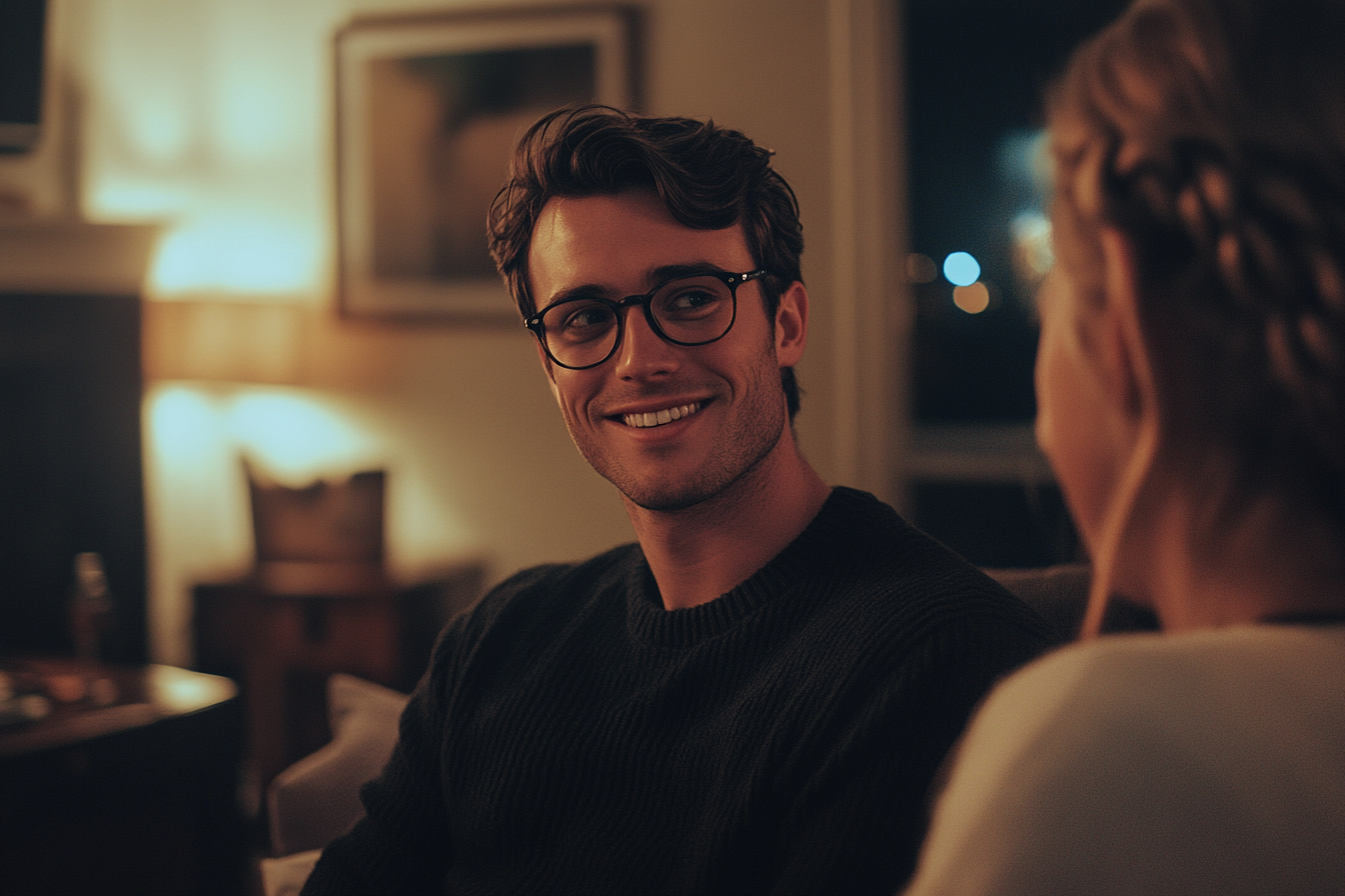 Man in his 30s wearing glasses and smiling sheepishly while sitting on a couch with his wife in a living room at night | Source: no source