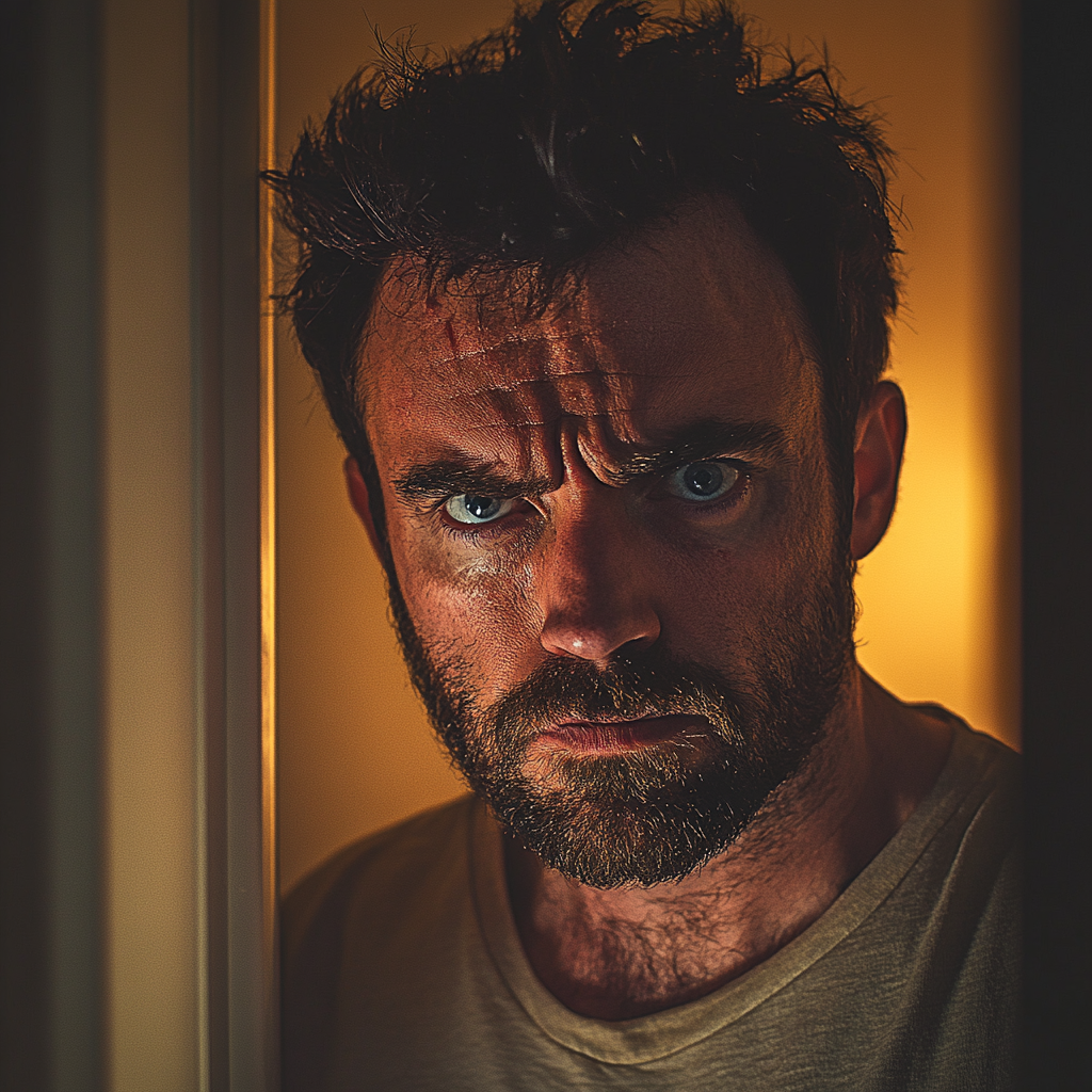 An angry man standing in his doorway | Source: No source