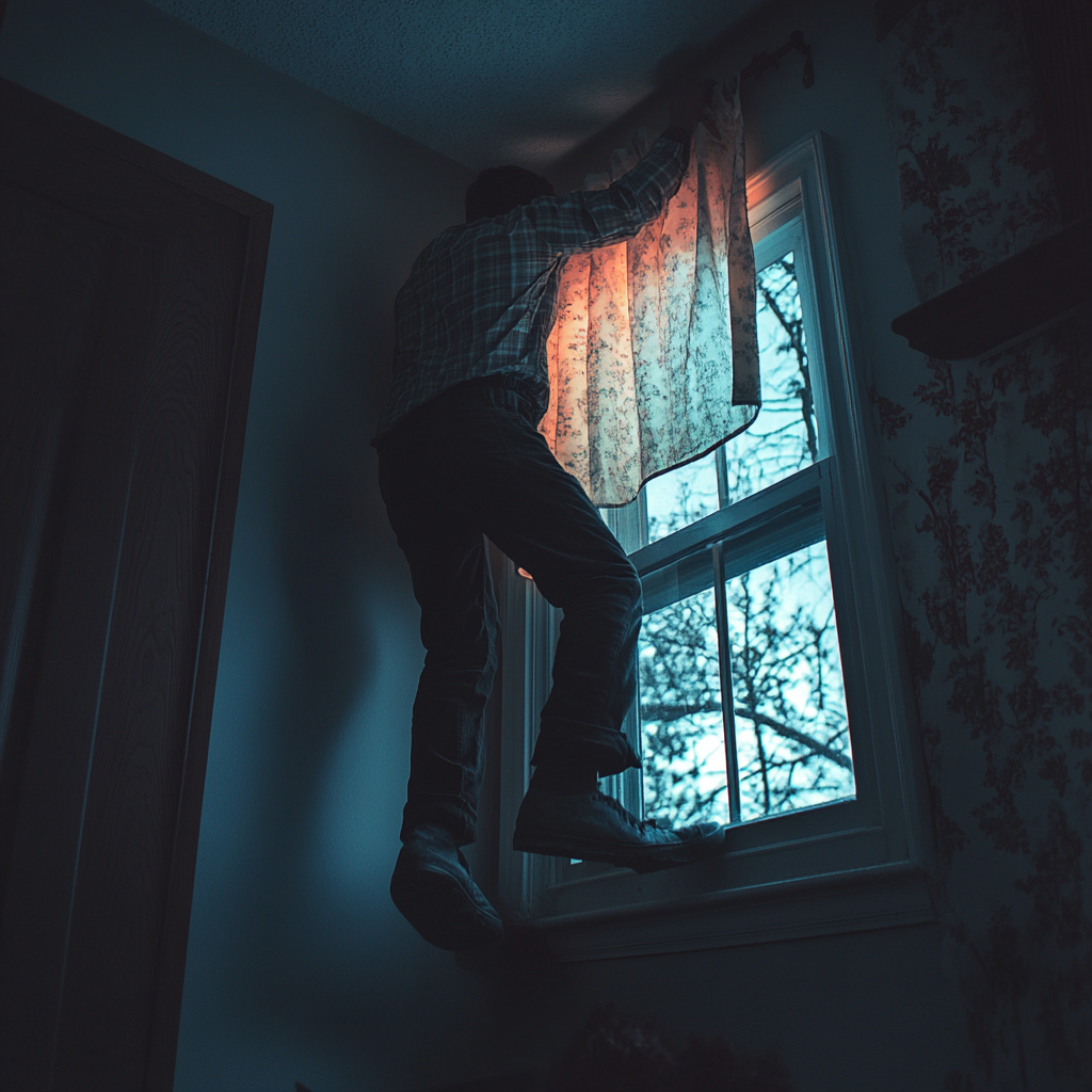 A man trying to climb out of his window | Source: no source