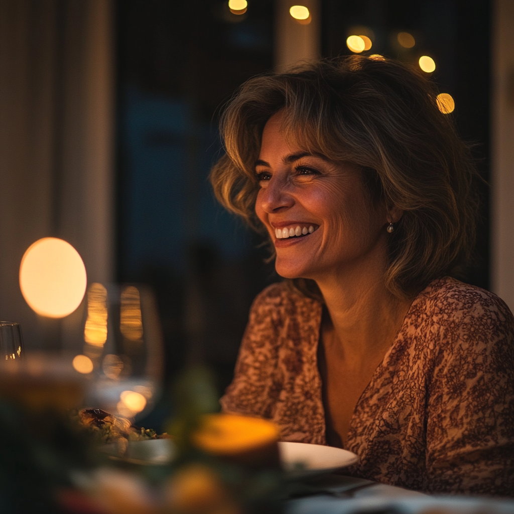 A woman smiling at the dinner table | Source: No source