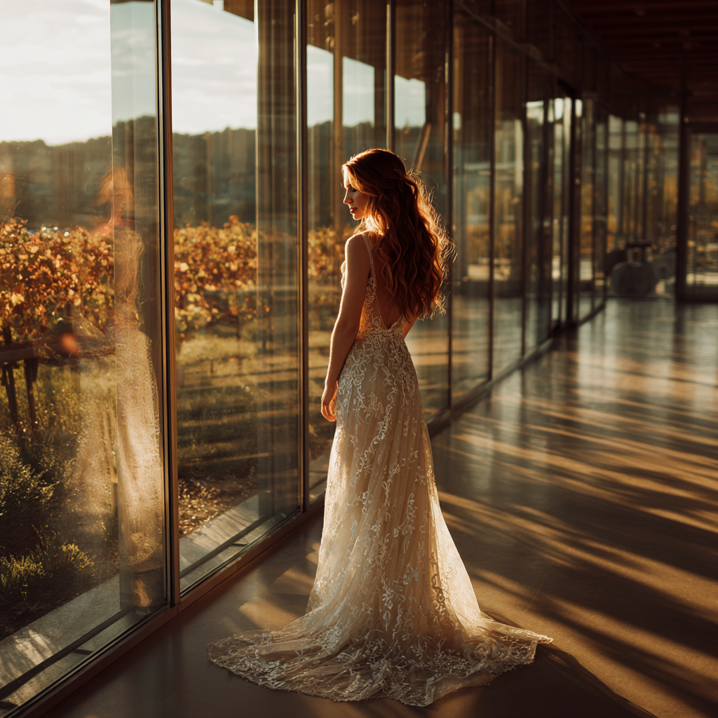 A bride looking out at a vineyard | Source: No source