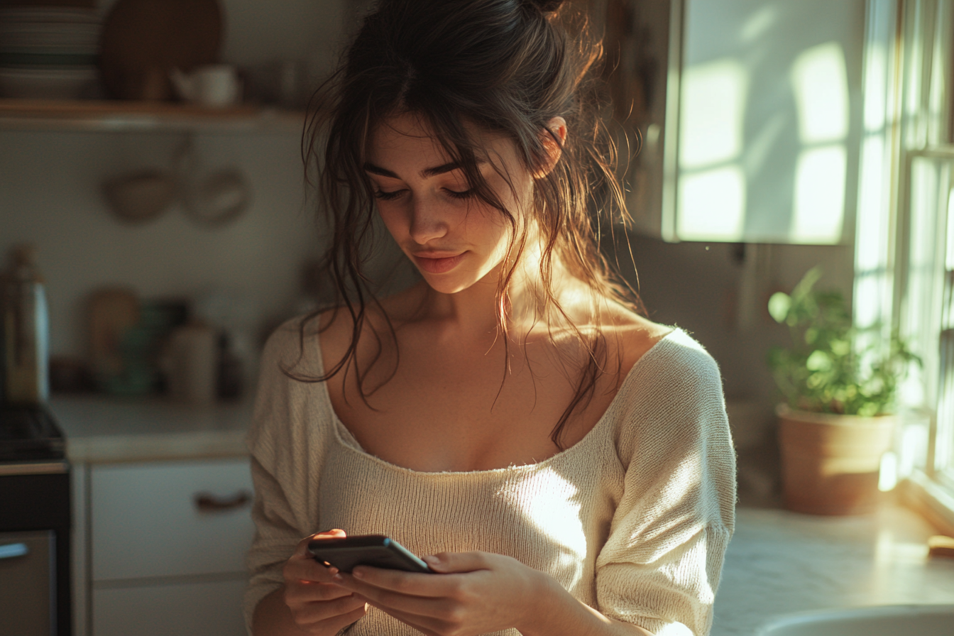 Woman standing in her kitchen while texting on her phone | Source: No source