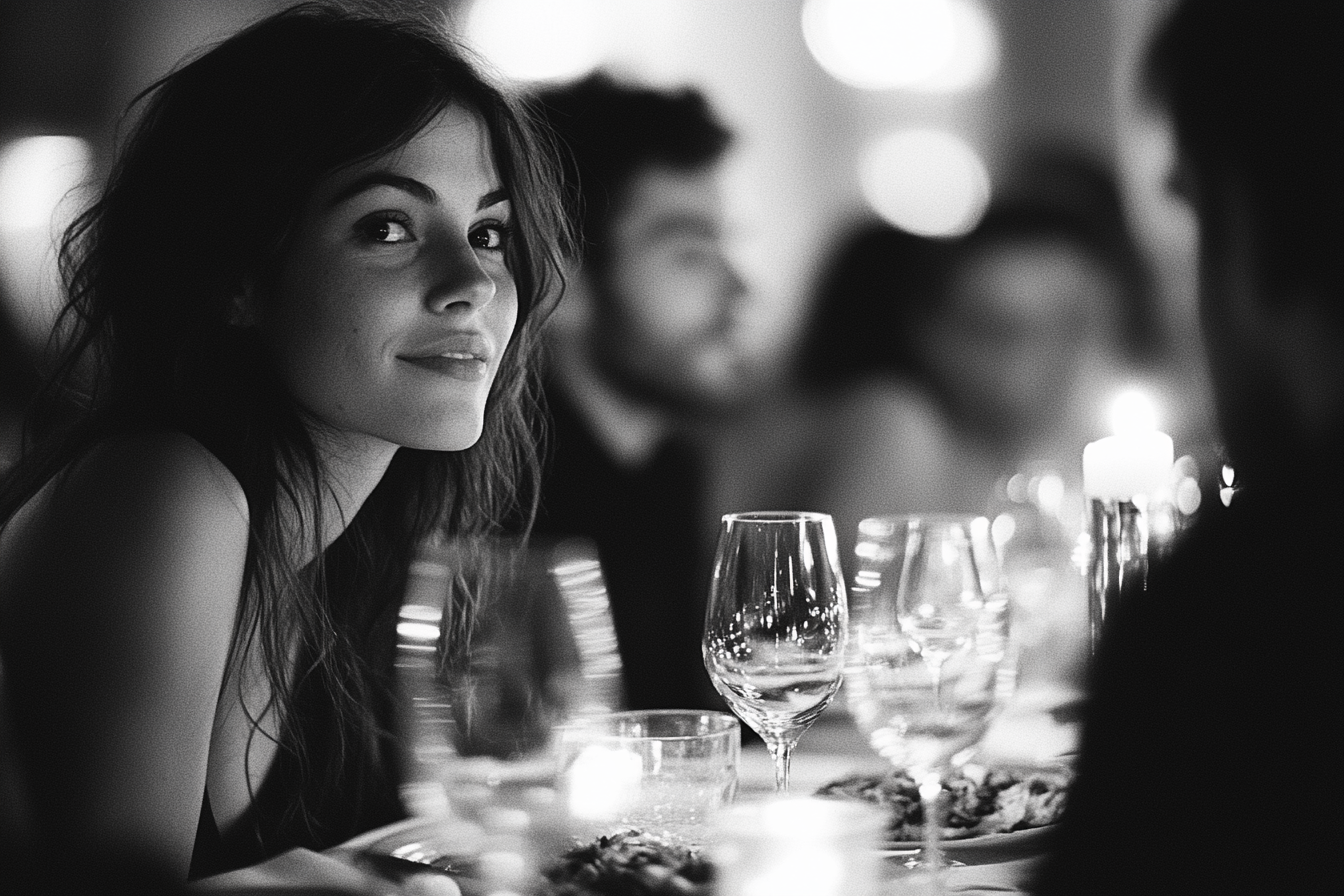A woman with a slightly surprised expression, seated at a dinner table | Source: no source