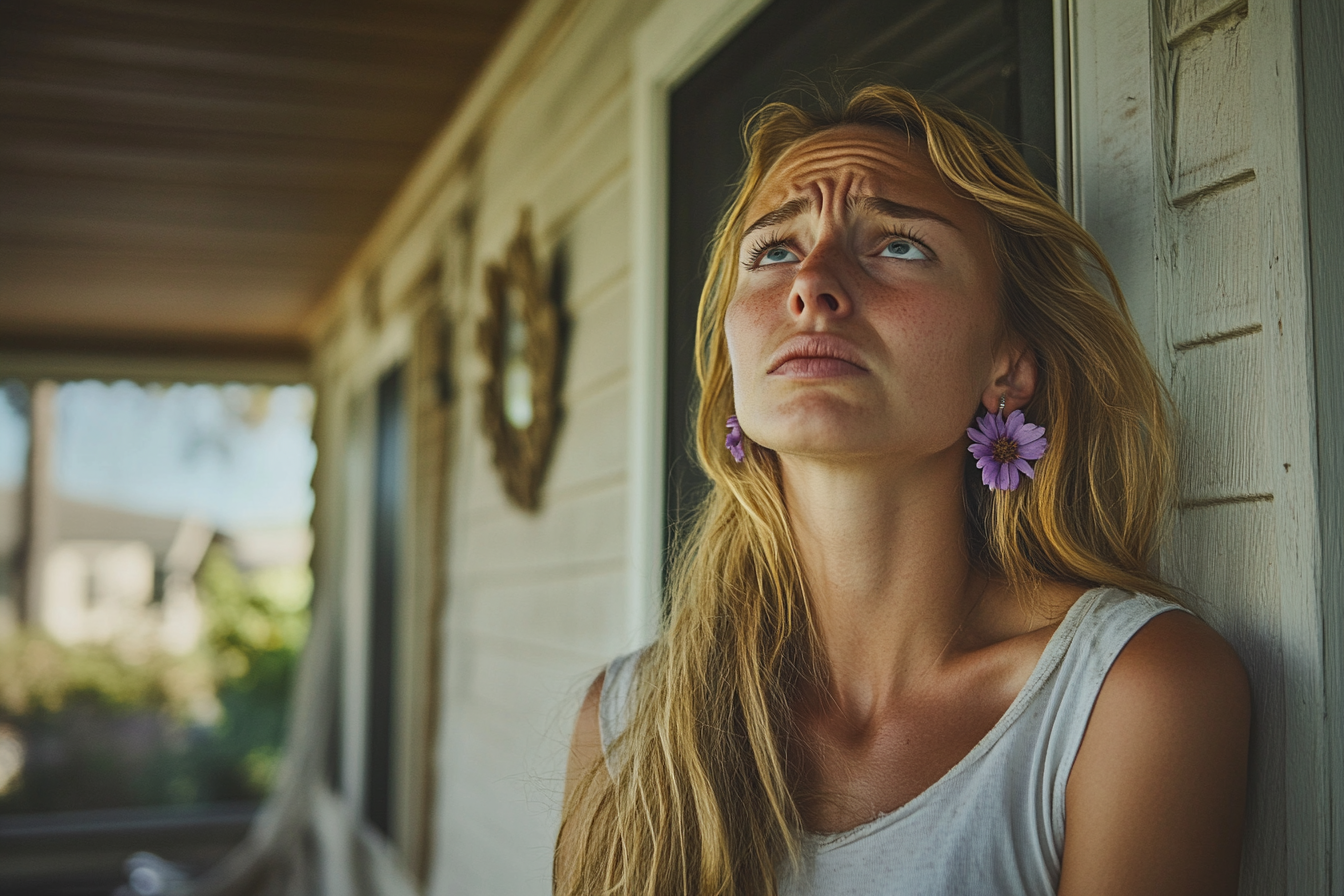 A worried woman standing on the porch of a house | Source: No source