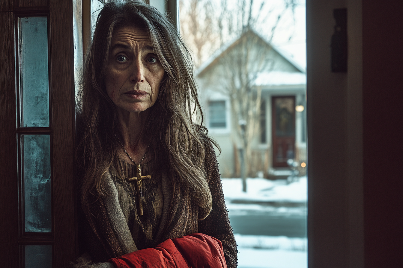 A woman in her 60s, disheveled and wearing dirty clothes, stands outside a front door timidly holding a red jacket | Source: no source
