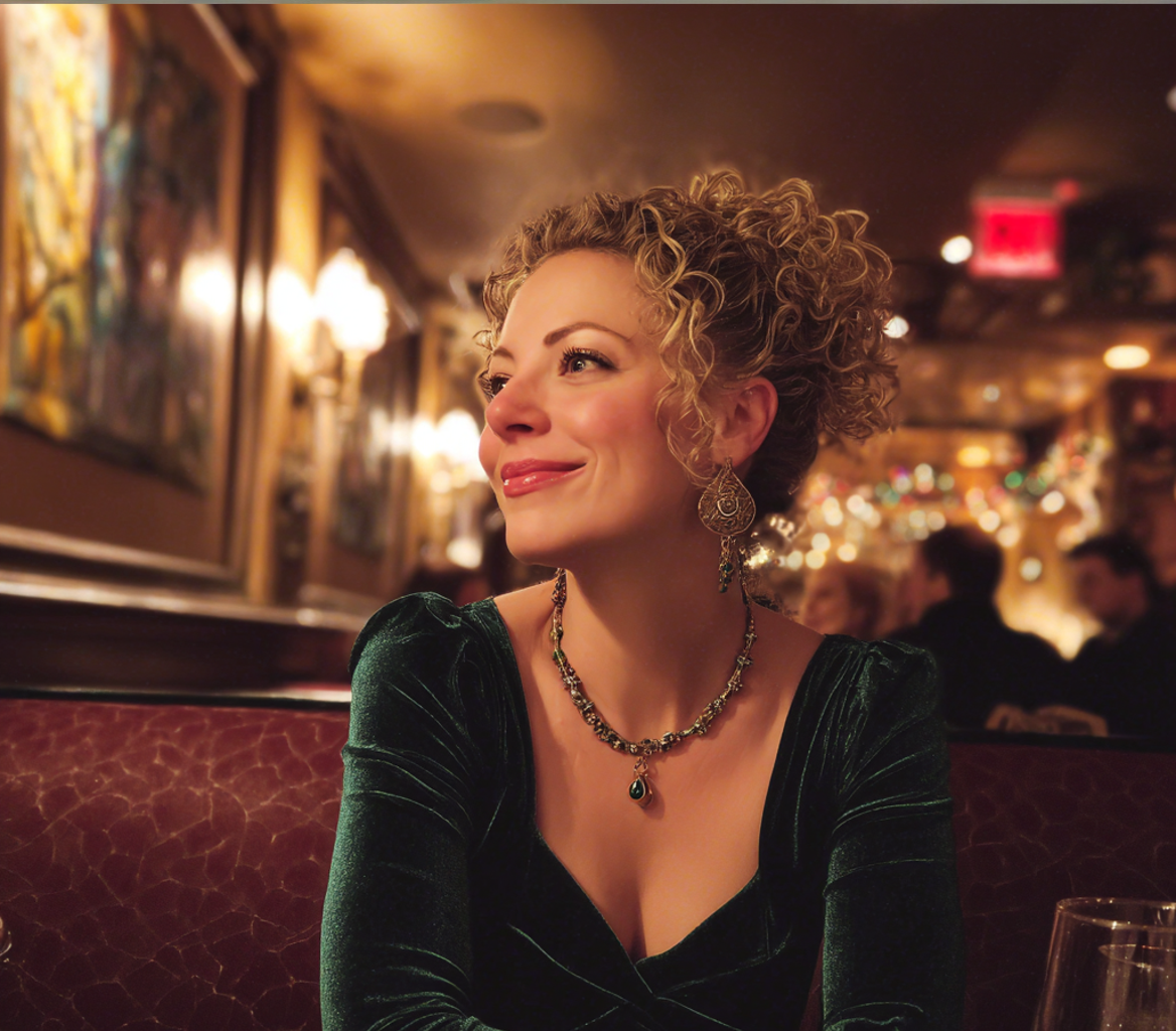 A smiling woman sitting in a restaurant | Source: no source