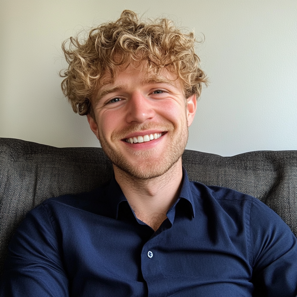 A smiling man sitting on a couch | Source: no source
