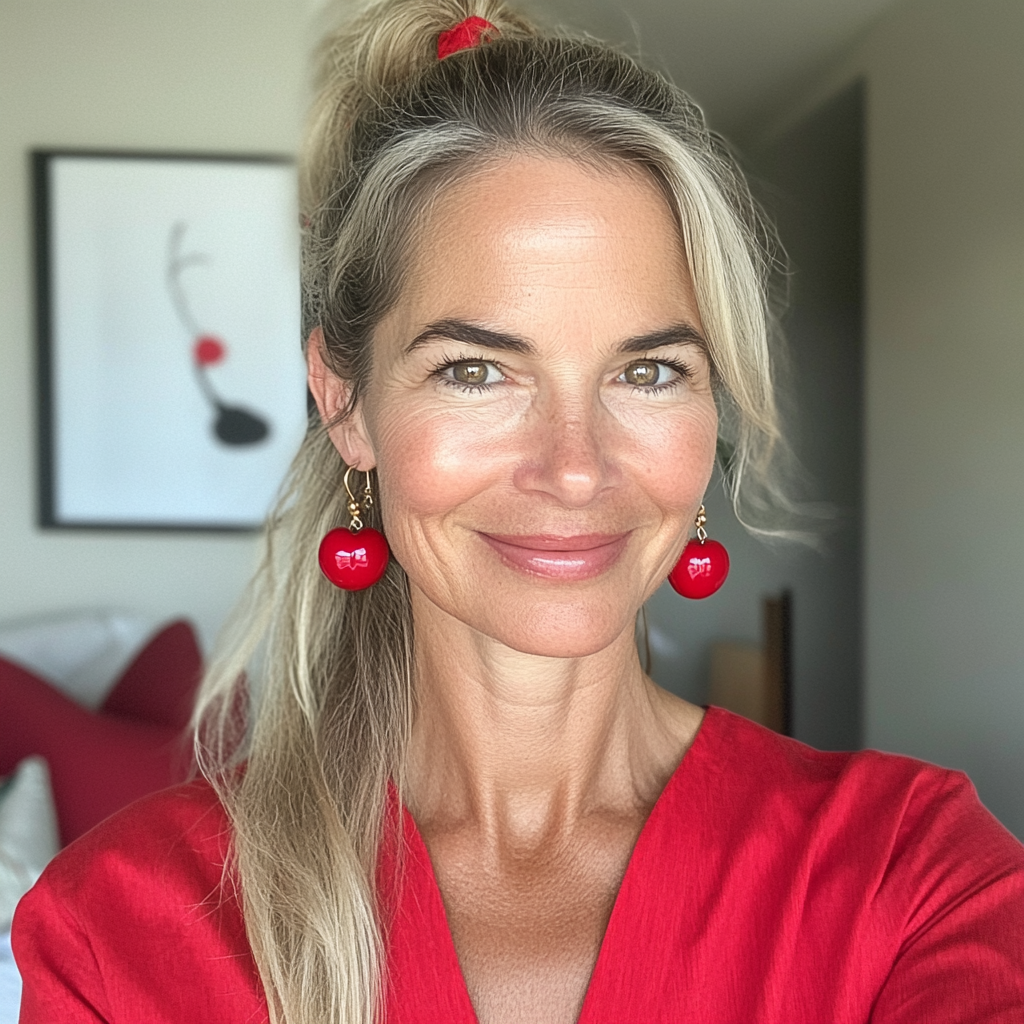 A smiling woman in red | Source: No source