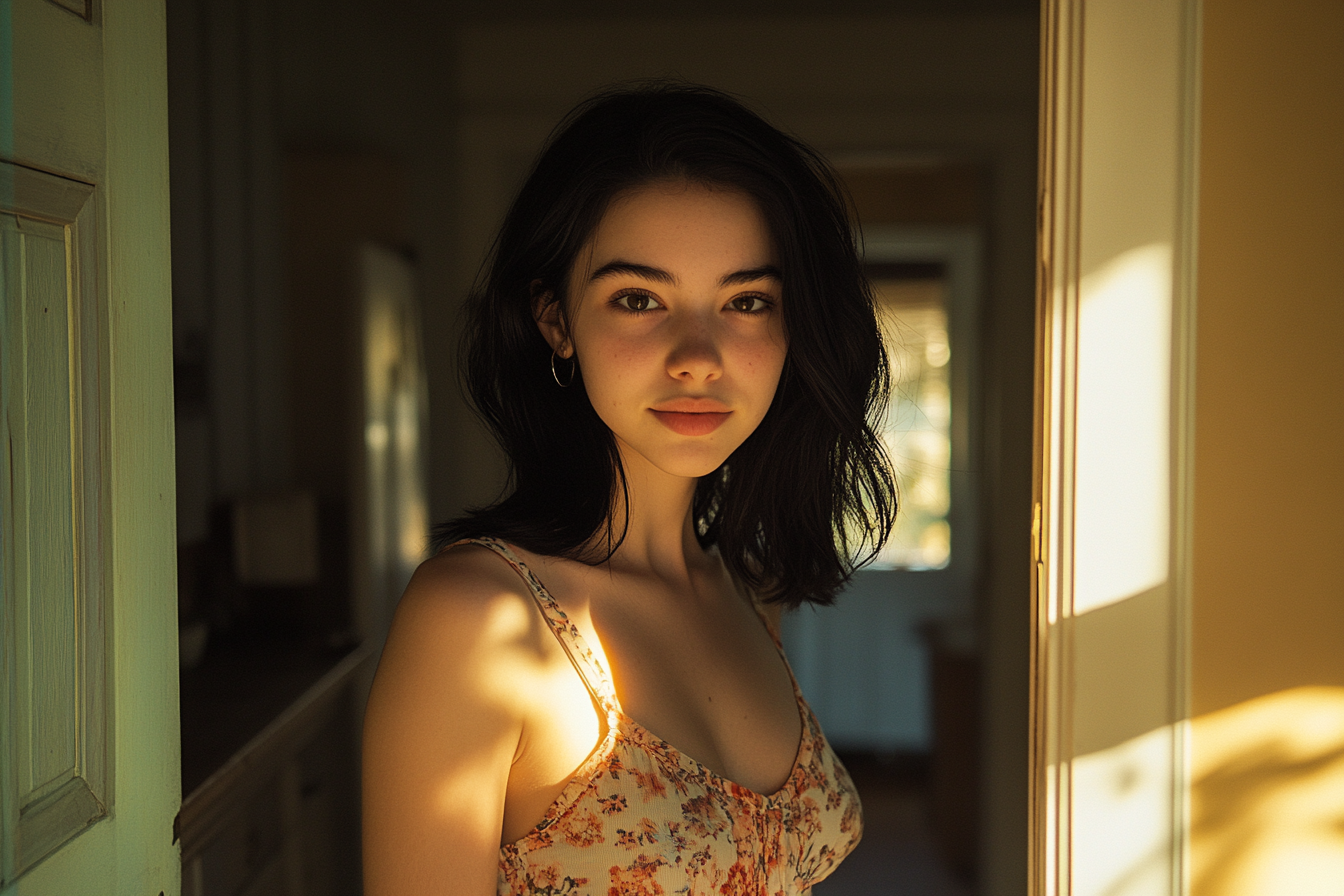 18 year old woman smiling in the doorway of a house | Source: No source