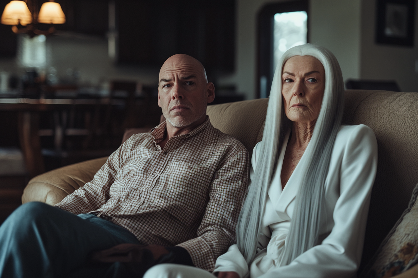 A man and his mother sitting on a couch looking up with upset expressions | Source: No source