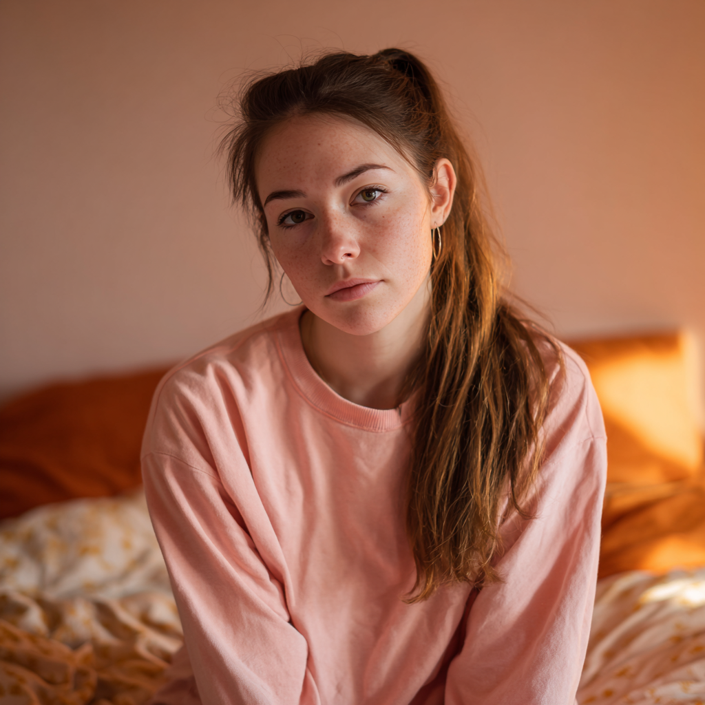 A woman sitting on a bed | Source: No Source