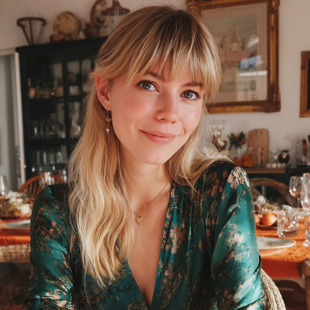 A smiling woman wearing a green blouse | Source: no source