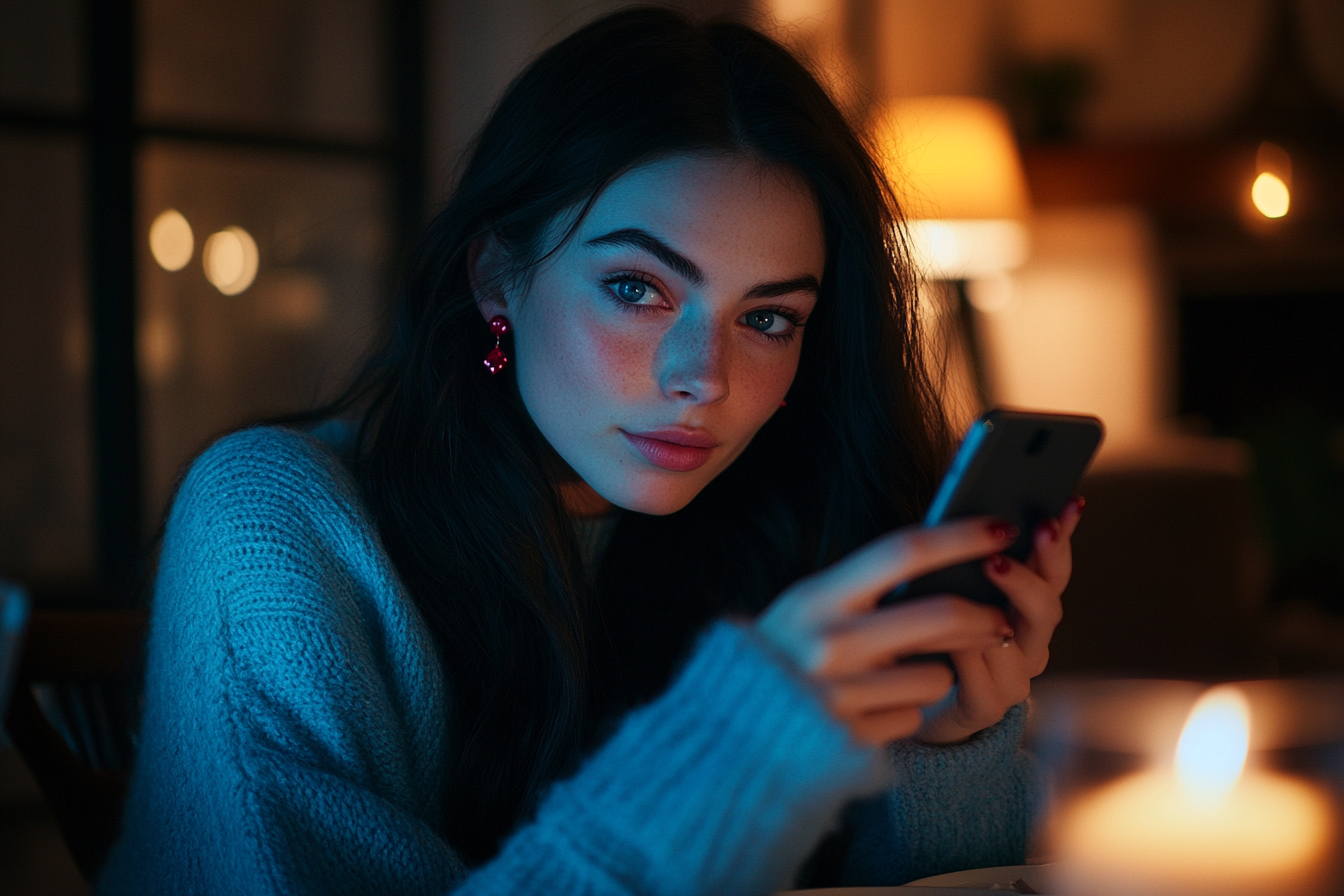 Woman in her 20s holding up her phone at a dinner table frowning slightly | Source: No source