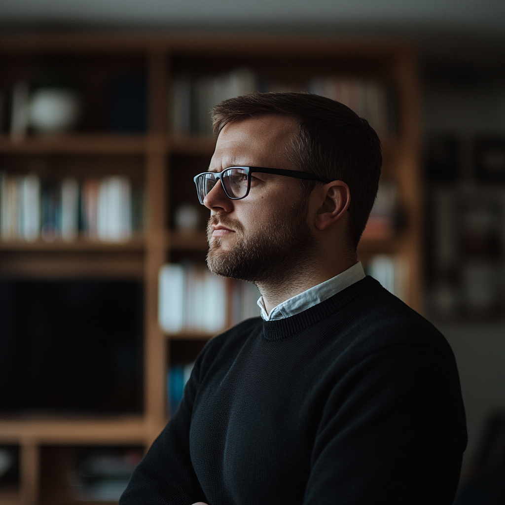 A serious man in his living room | Source: no source