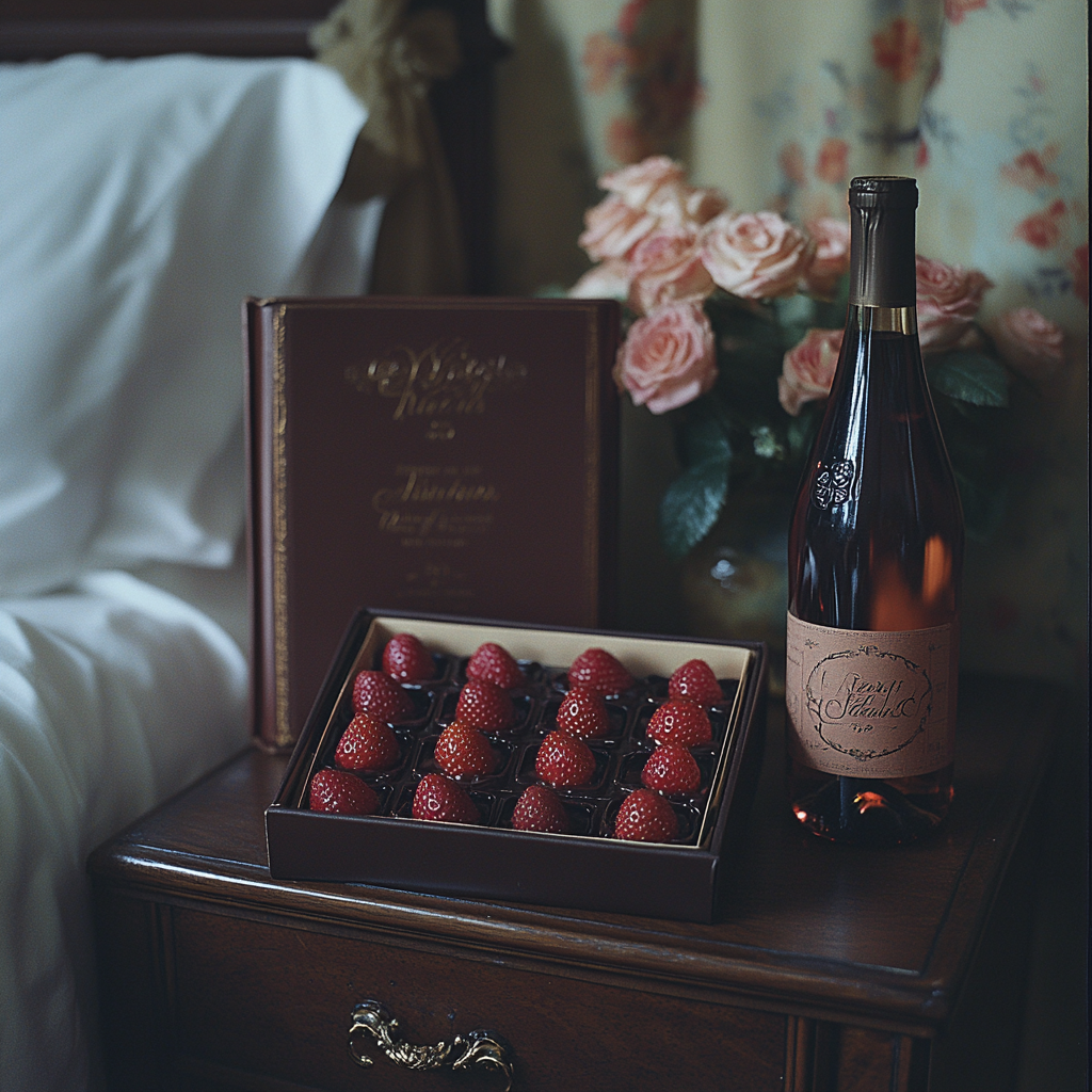 A Bible, a box of strawberries and a bottle of wine on a bedroom side table | Source: No source