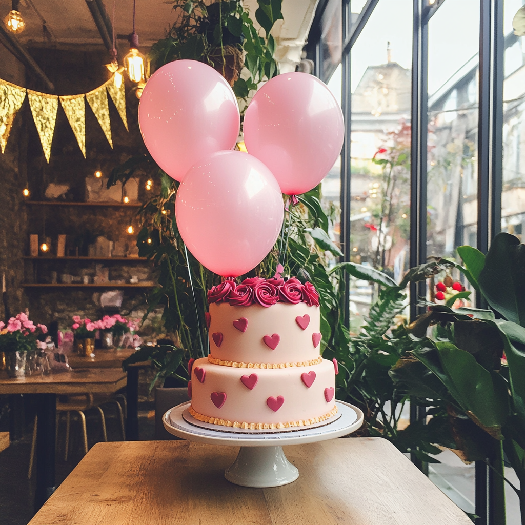A cake and balloons in a café | Source: No source