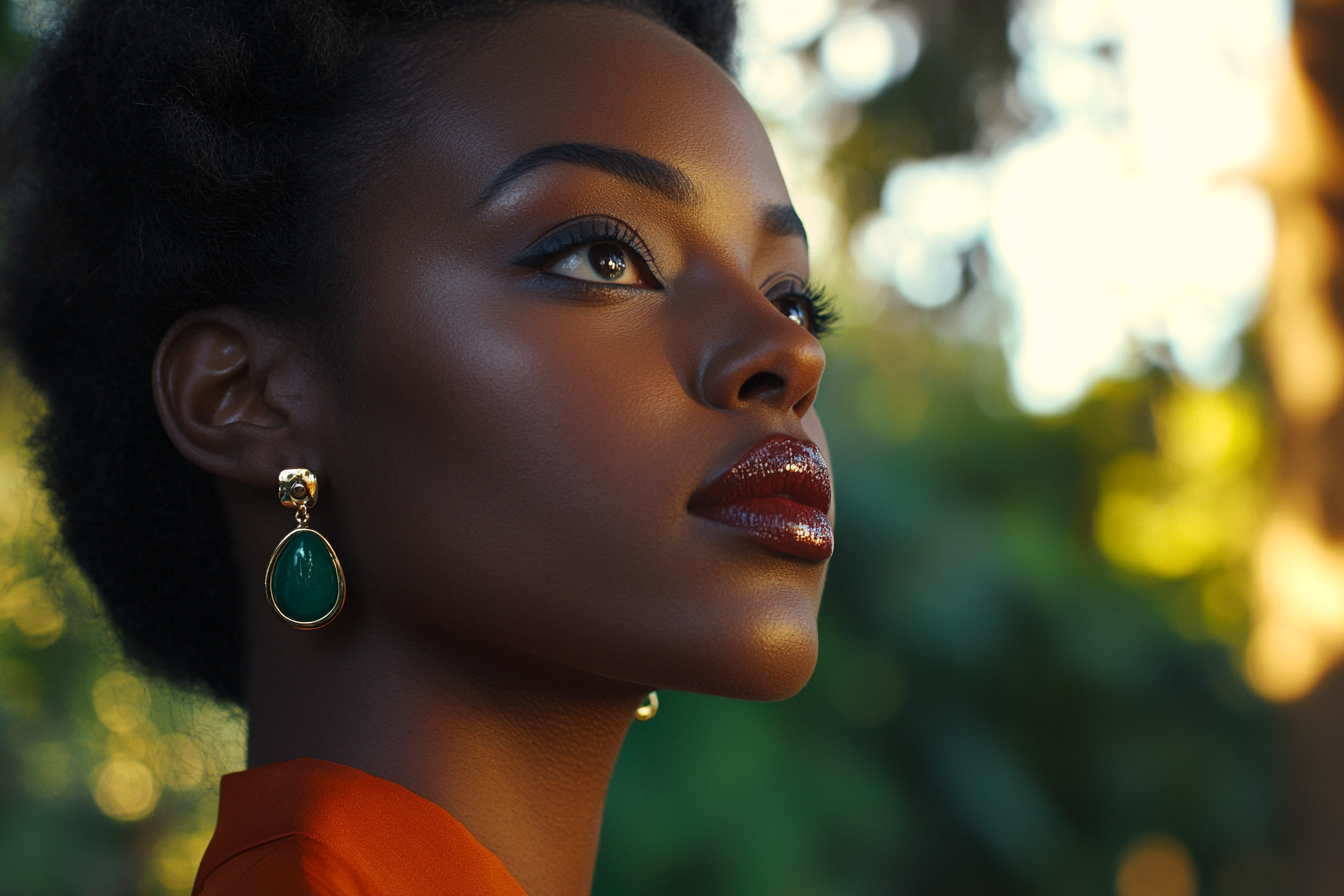 A woman wearing emerald earrings | Source: No source