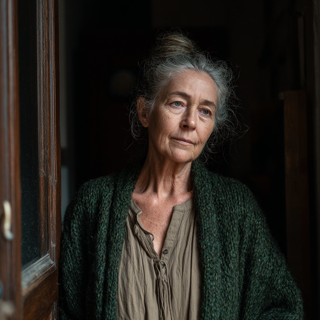 An old woman standing at a front door | Source: No source