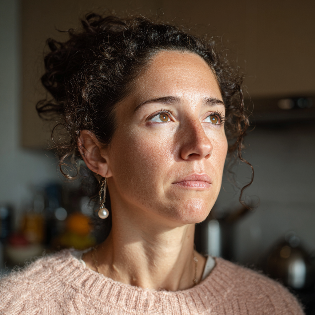 A woman with curly hair and a pink sweater standing in a kitchen | Source: No source