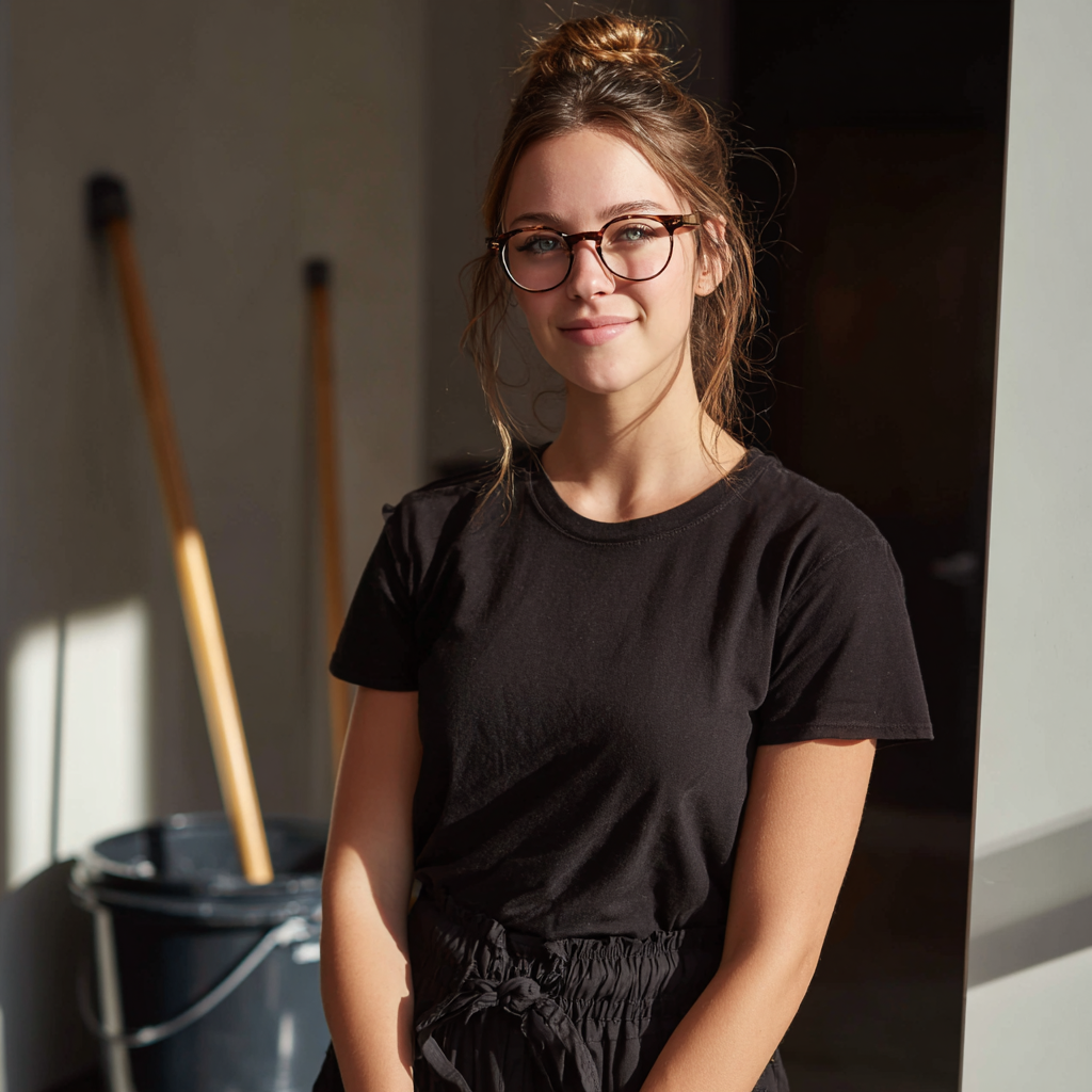A smiling young woman with her cleaning supplies | Source: no source