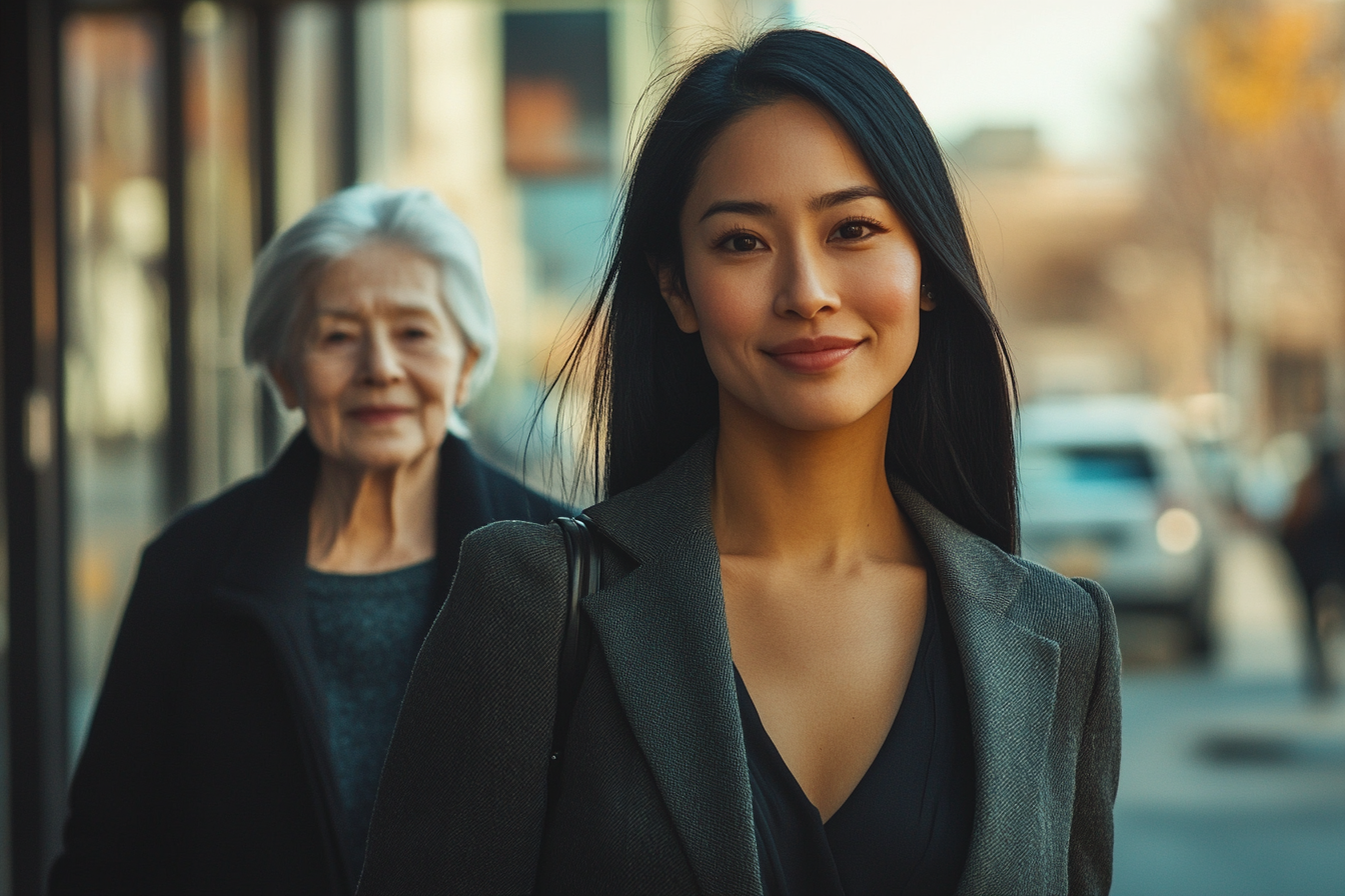 A businesswoman walks down the street happily with her mother | Source: no source