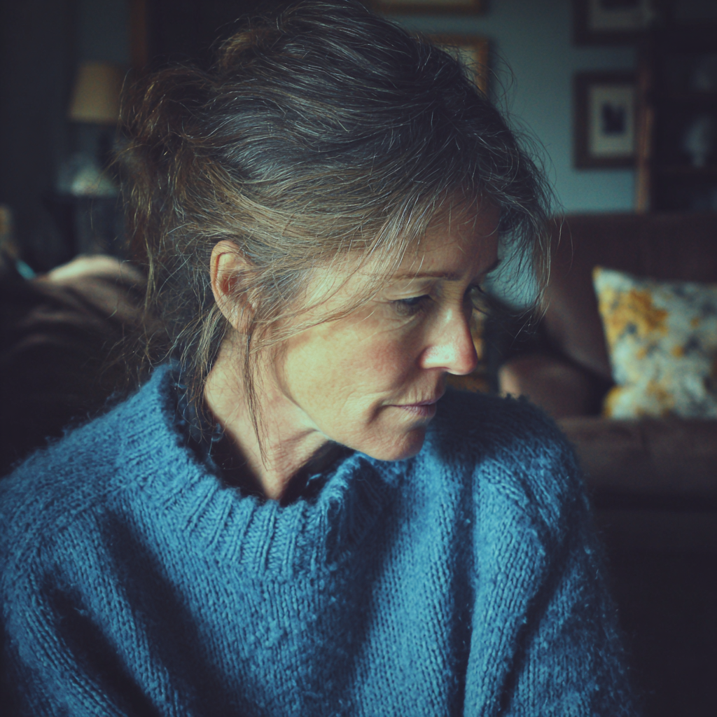 An upset woman sitting in a living room | Source: No source