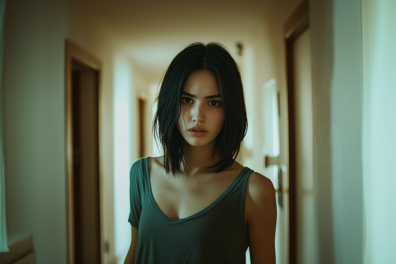 An outraged woman standing in an apartment corridor | Source: no source