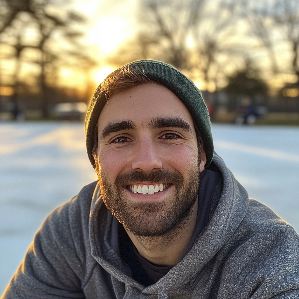 A man smiling after he fell on a skating rink | Source: No source