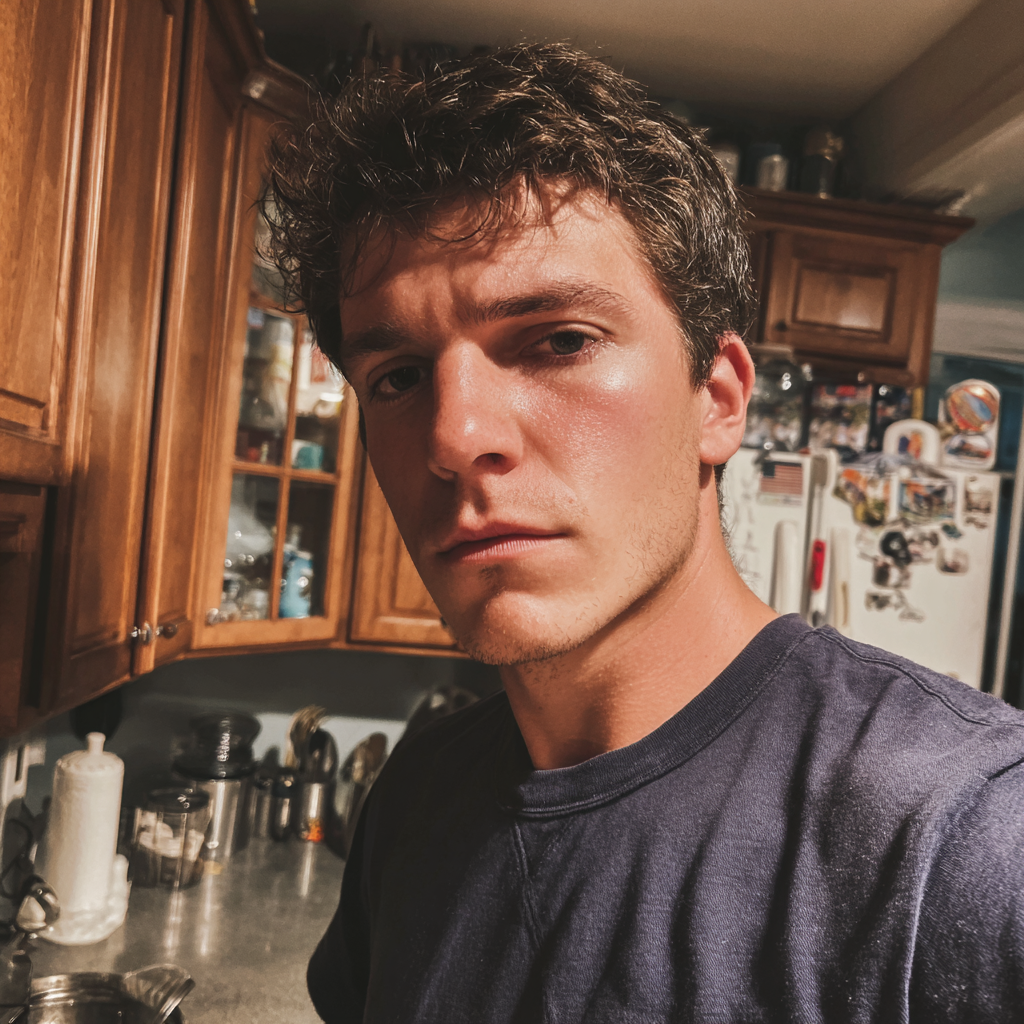 A frowning man standing in a kitchen | Source: no source