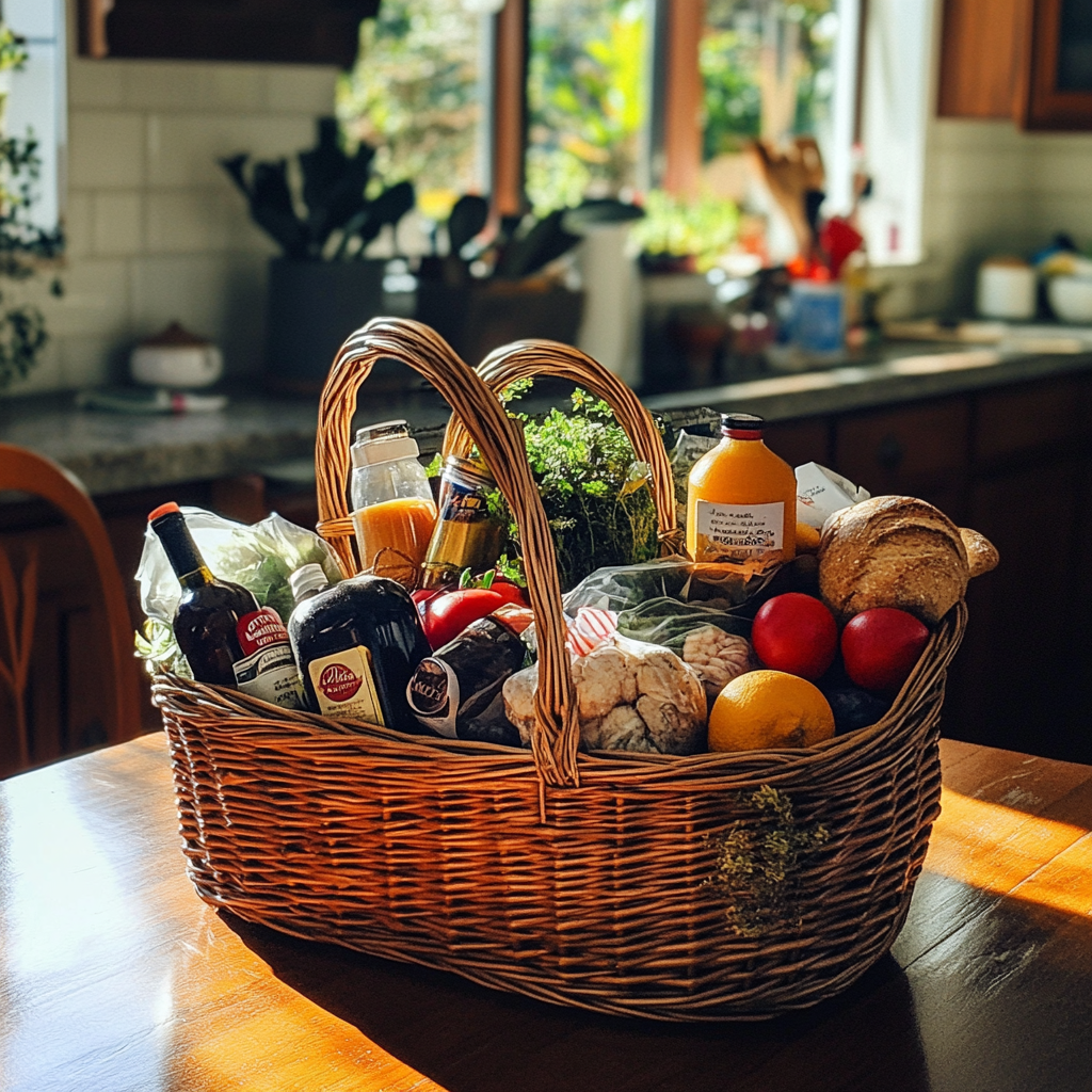A gift basket filled with groceries | Source: No source