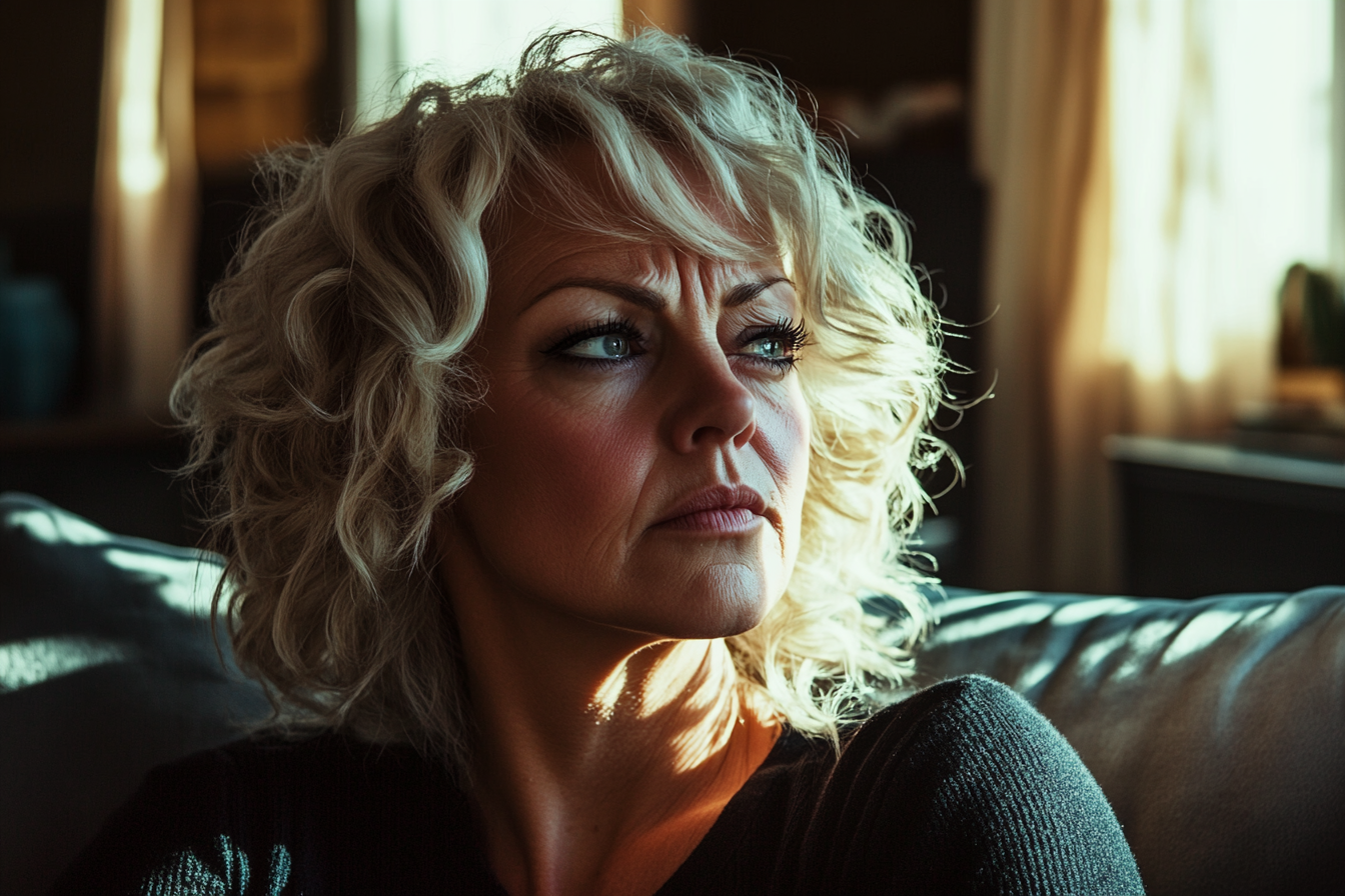 A woman staring thoughtfully to the side in a living room | Source: no source