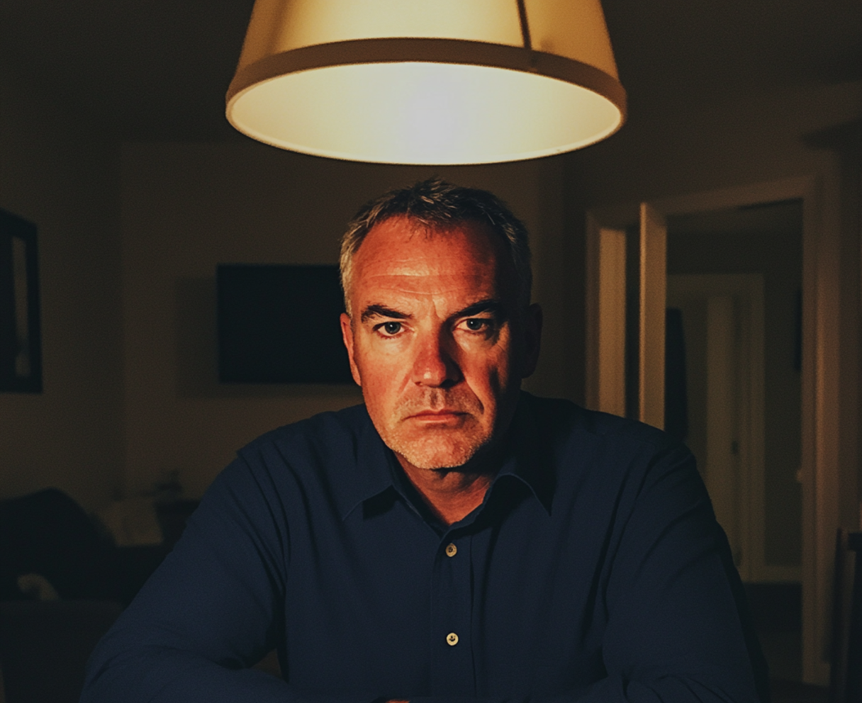 A stern man sitting at a dining table | Source: No source