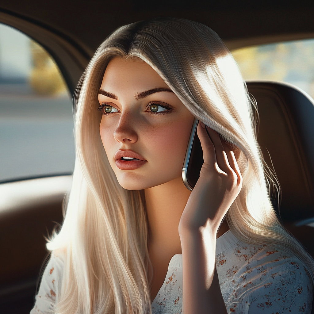A woman sitting in the car and talking on the phone | Source: No source