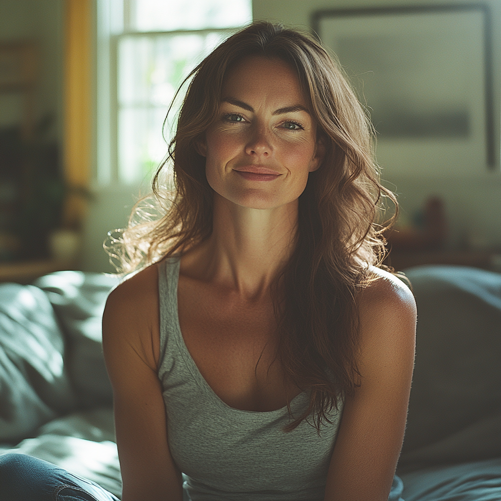 A happy woman sitting at home | Source: no source