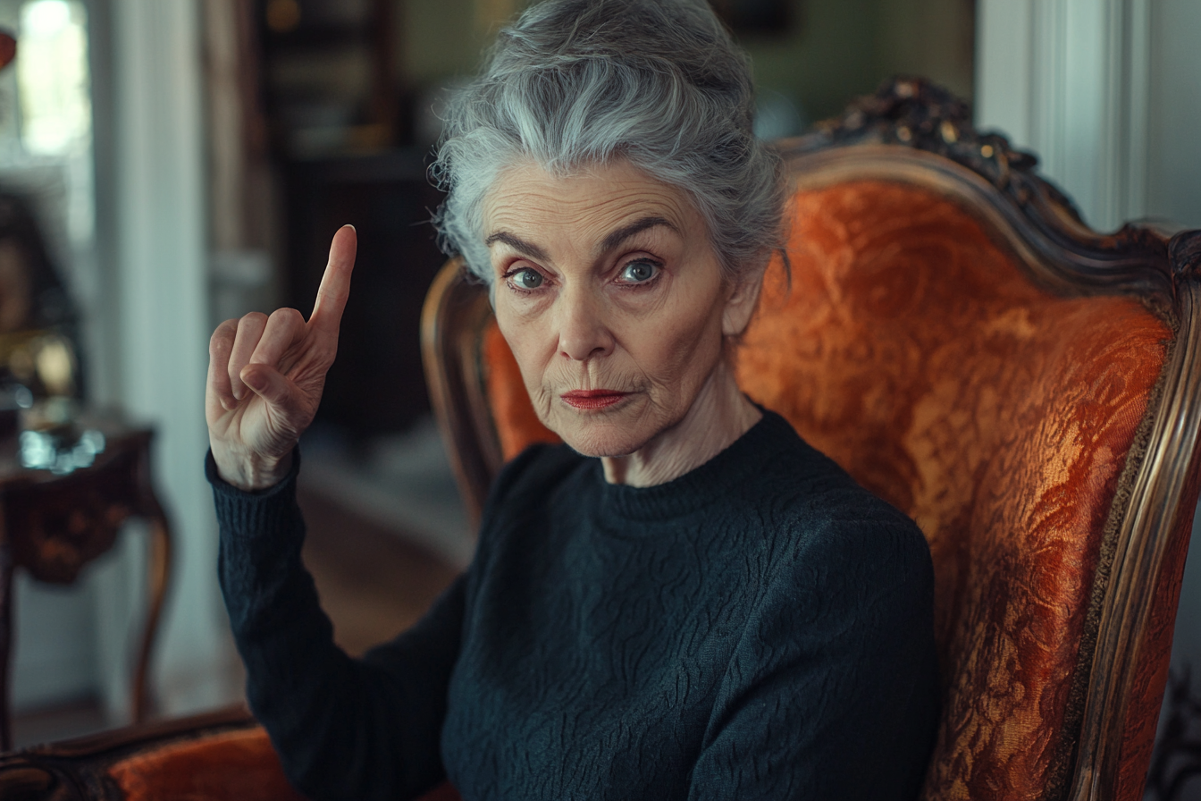 An elderly woman sitting in a wingback chair, looking serious and raising a finger | Source: no source